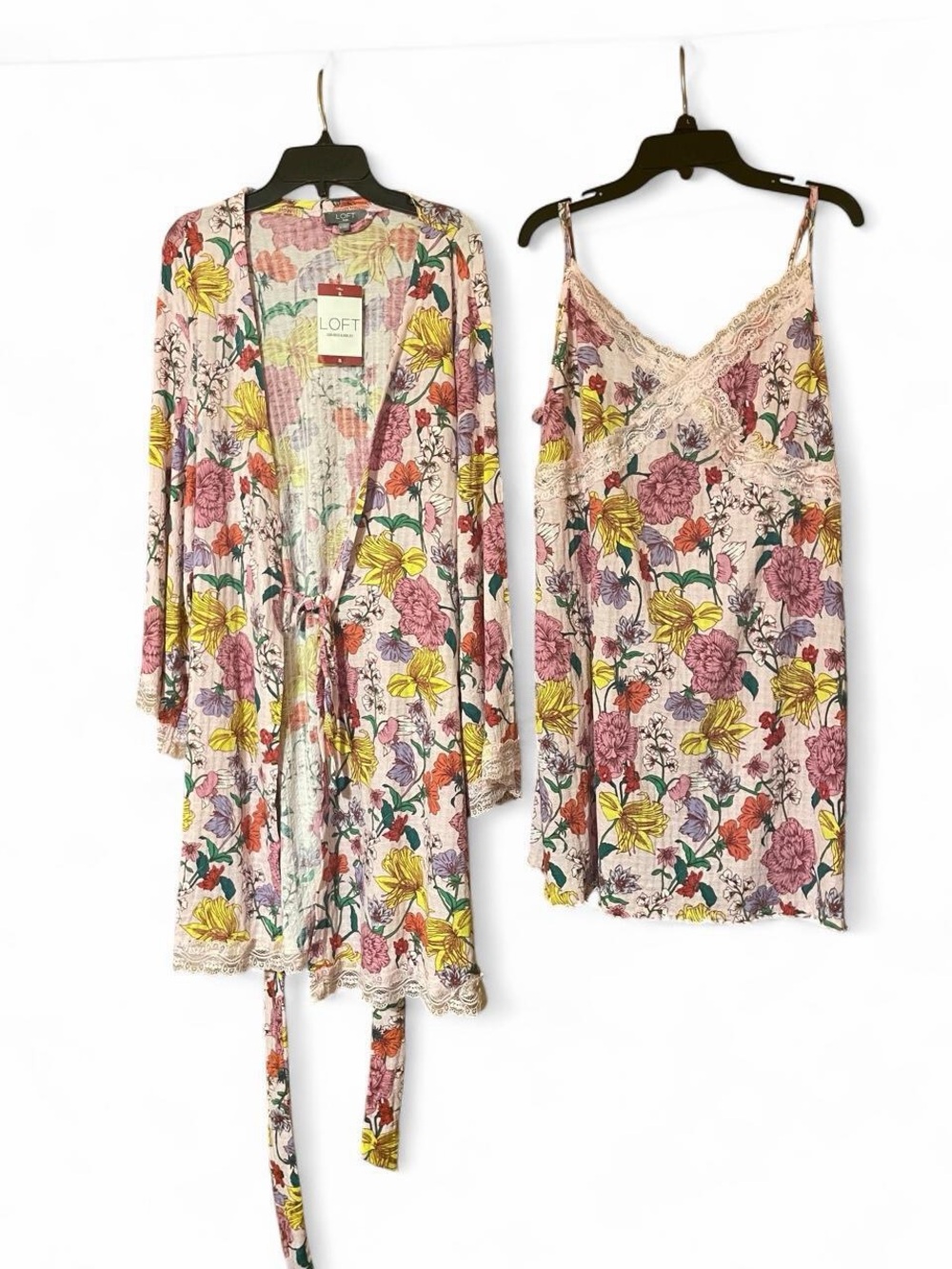 LOFT Pink Floral Lace-Trim Robe & Chemise Set